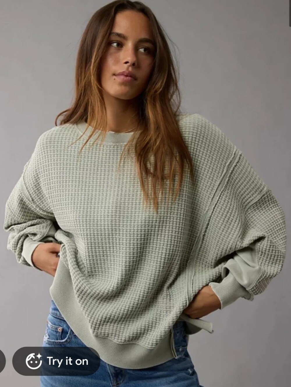 American Eagle Big Hug Waffle Sweatshirt Textured Oversized Crewneck Sage Mint